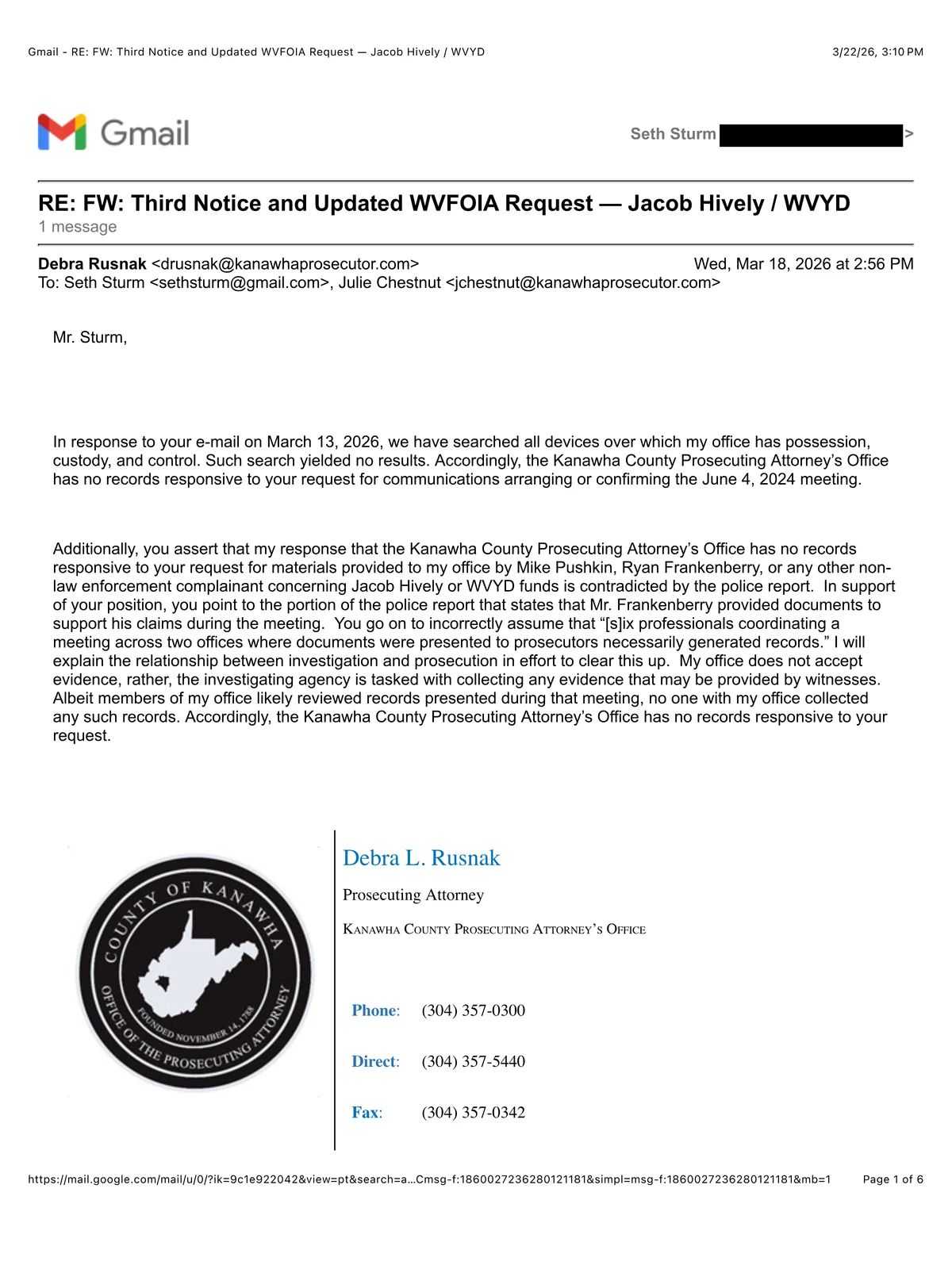 Preview of Kanawha County Prosecutor FOIA Correspondence — Sturm Requests re: Hively Case (March 10-18, 2026)